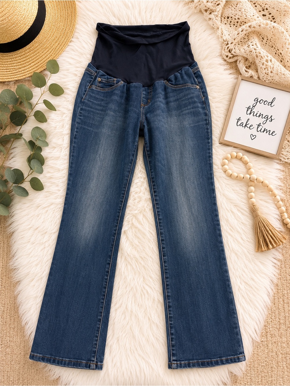 Maternity Dark Blue Denim Jeans with Black Stretch Panel